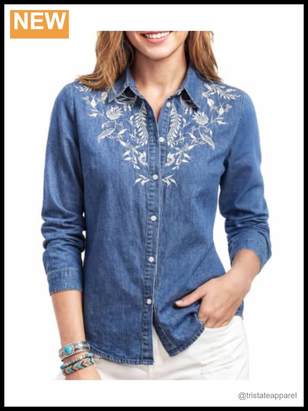 Women's Lyocell Denim Chambray Shirt Button Down Long Sleeve Embroidered